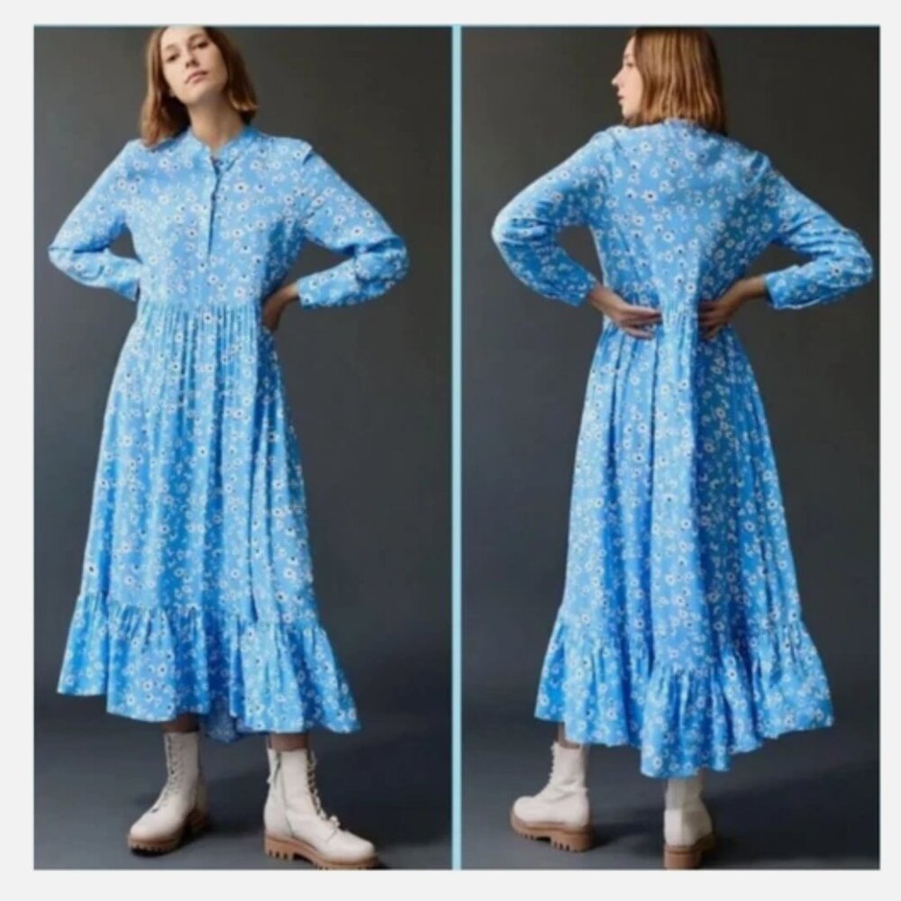 Anthropologie MARE MARE Lynda Tiered Maxi Dress Womens XS Blue Floral Cottage Ro